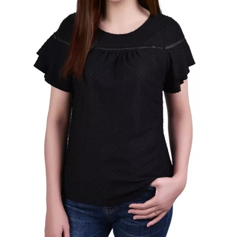 NY Collection Women's Petite Short Sleeve Texture Polka Dot Top in Black
