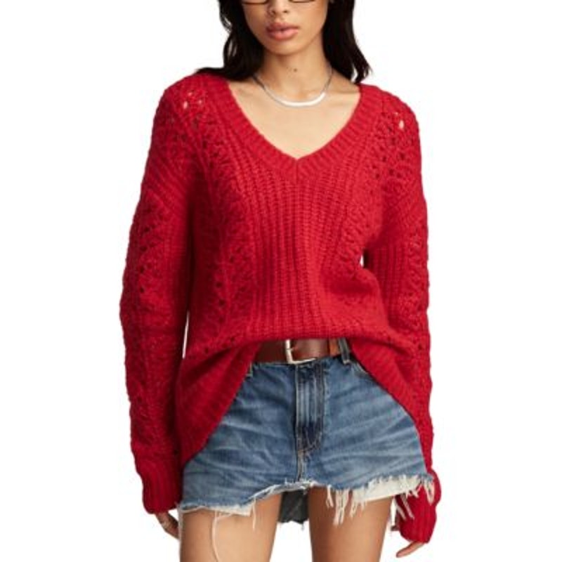 Lucky Brand Women's V-Neck Pointelle Cable Knit Sweater in Jester Red