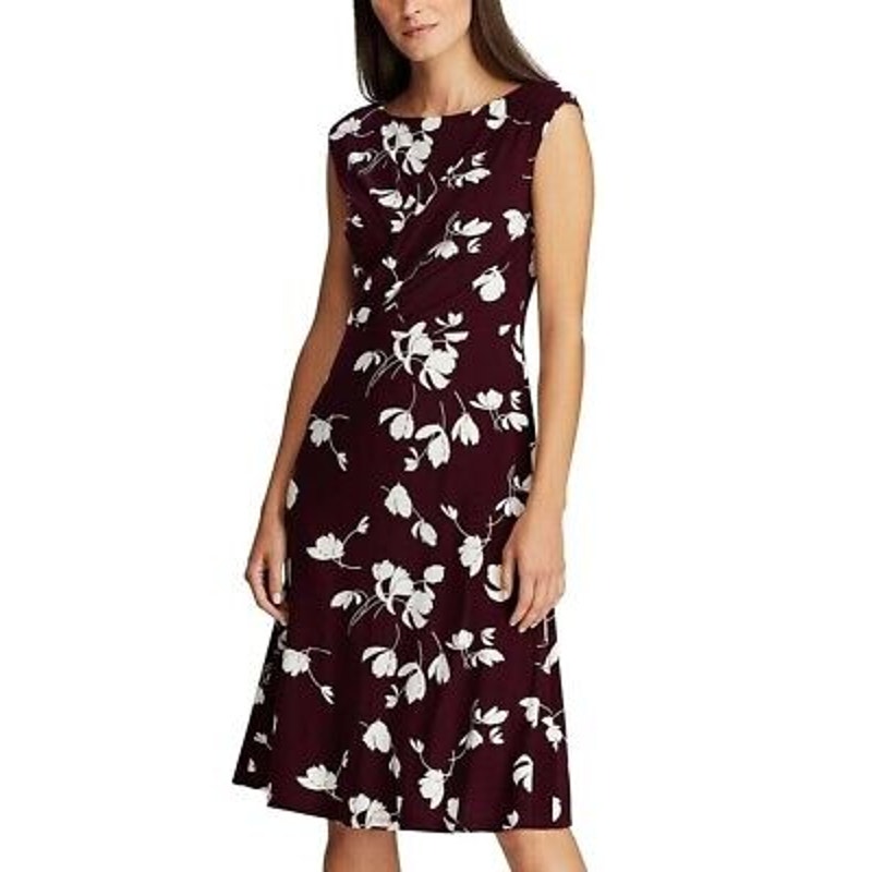 Ralph Lauren Purple Plum Jersey Dress w/ White Floral Pattern, Size 16P