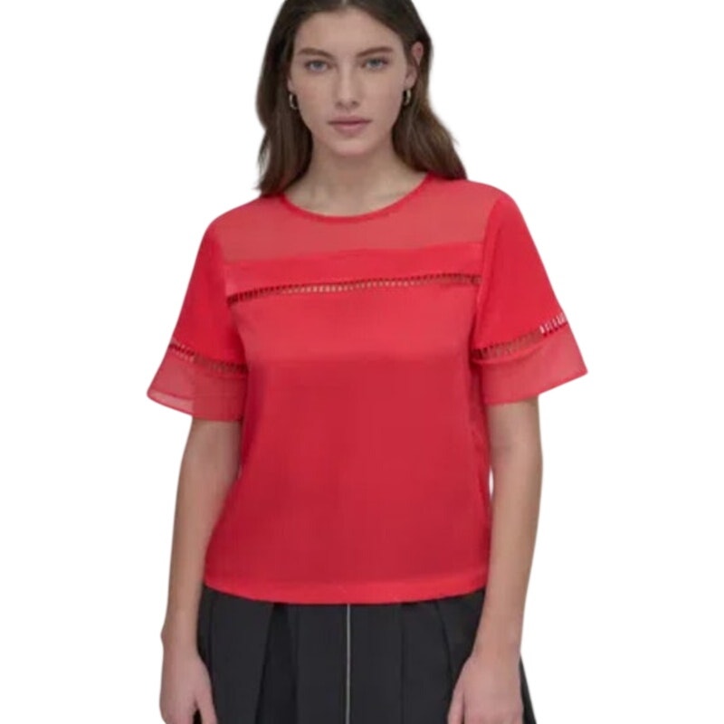 DKNY Women's Crewneck Ladder-Lace Top in Watermelon Sugar Pink