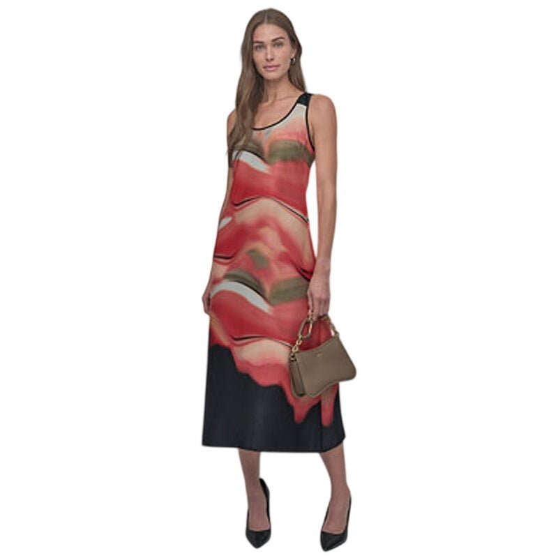 DKNY Women's Sleeveless Border Midi Dress in Brushed Marble Orange
