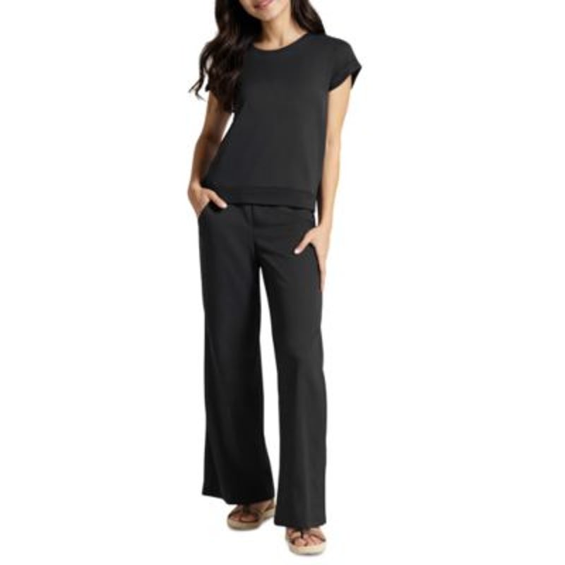 Three Dots Women's Diana Crewneck Button Cap-Sleeve Top in Black Beauty