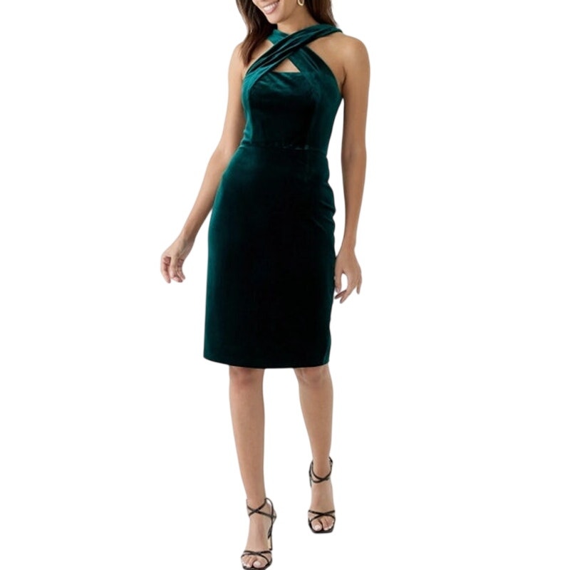 Vince Camuto Women's Sleeveless Velvet Sheath Criss-Cross Halter Dress in Green