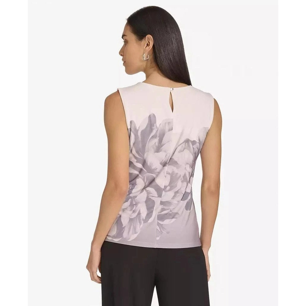 Calvin Klein Women's Printed Pleated-Neck Sleeveless Top in Gray Multi