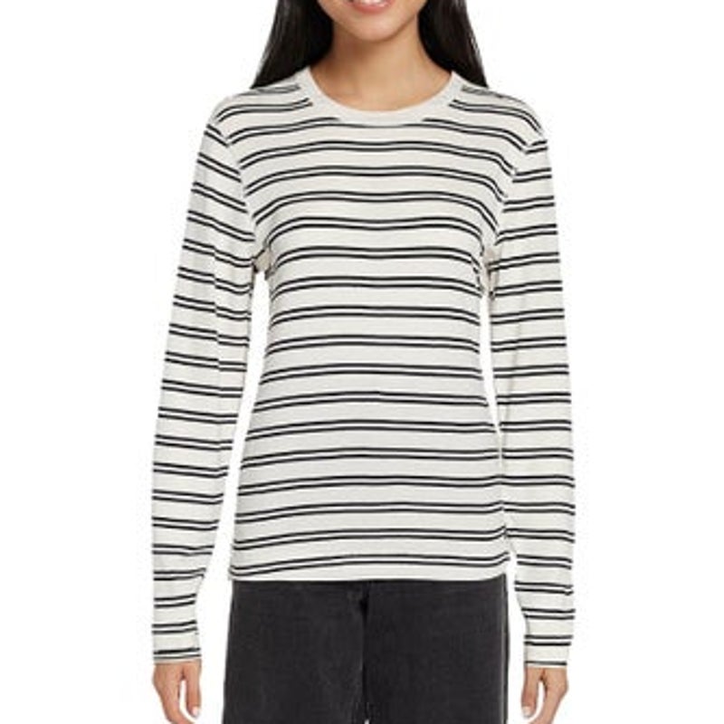 Three Dots Women's Long-Sleeve Double Stripe Top in White Black Beauty