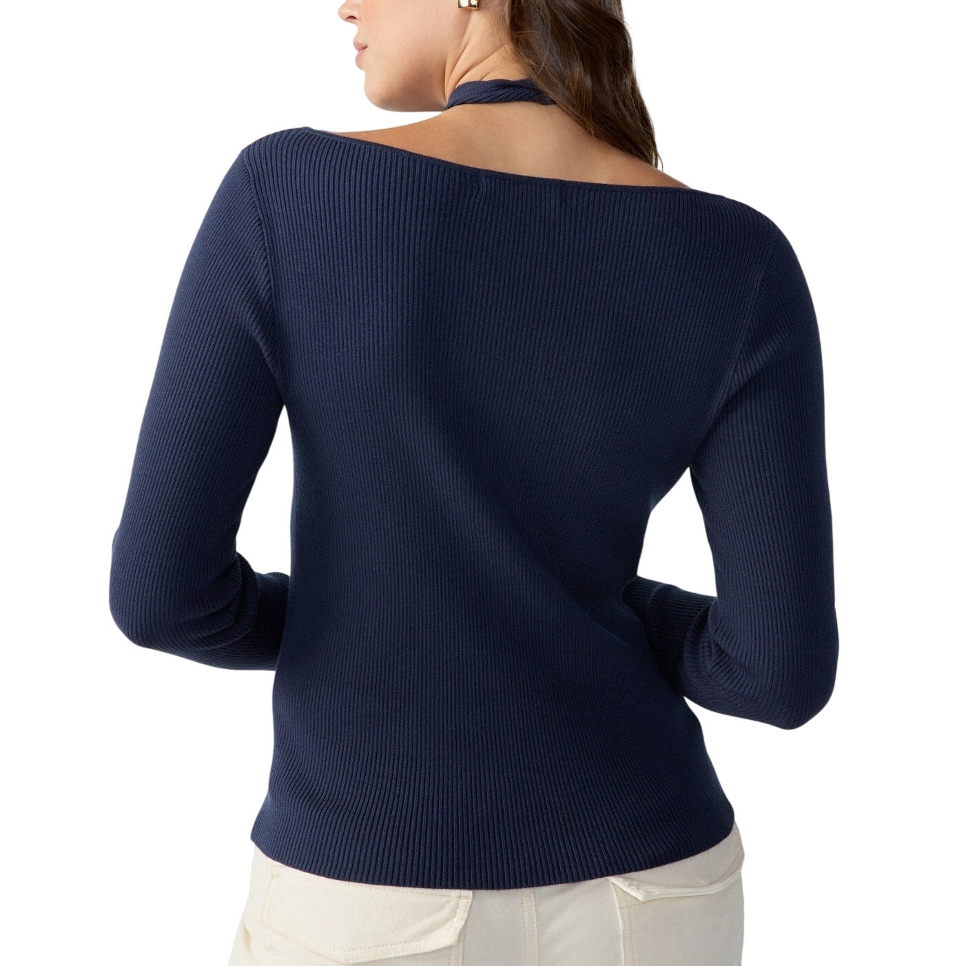 Sanctuary Women's Crisscross Around The Neck Ribbed Top in Navy Blue Reflection