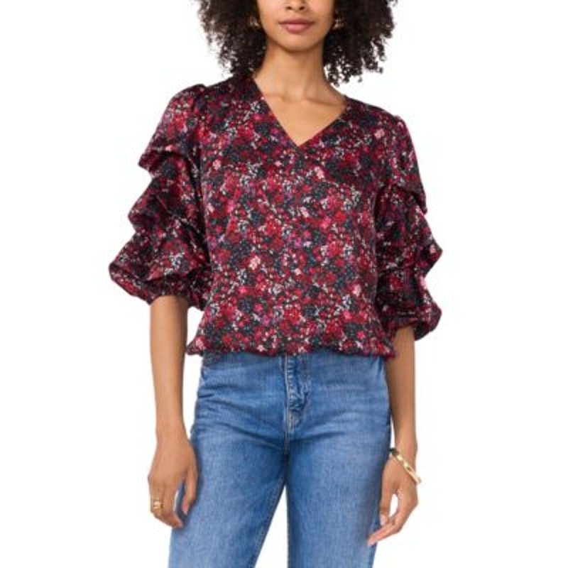 Vince Camuto Women's Printed V-Neck Tiered-Sleeve Top in Deep Sangria Red Floral