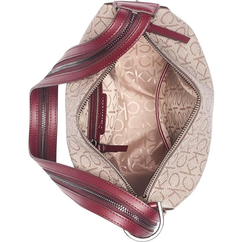 CALVIN KLEIN Medium Moss Signature Convertible Sling Bag In Rouge Red & Tan