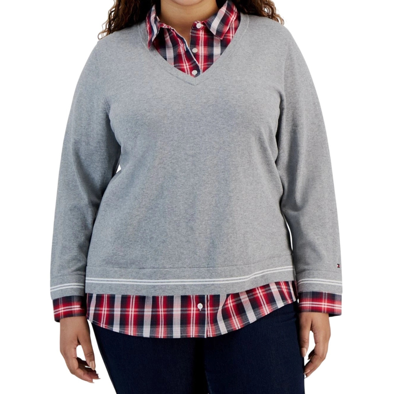 Tommy Hilfiger Plus Size Plaid Twofer Layered Look Sweater In Grey Multi