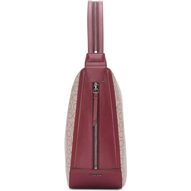 CALVIN KLEIN Medium Moss Signature Convertible Sling Bag In Rouge Red & Tan