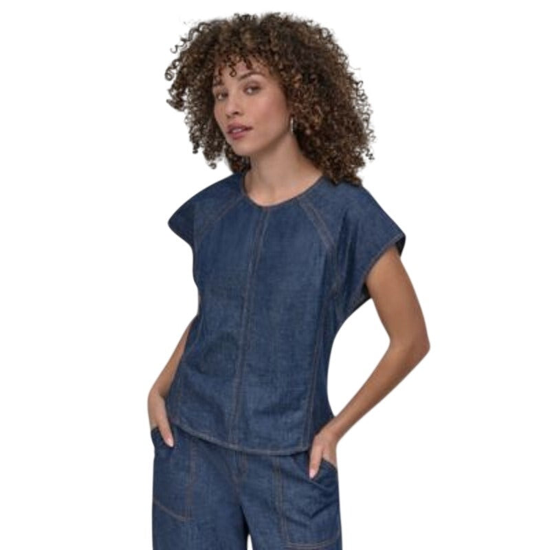 DKNY Women's Cotton Cap-Sleeve Seamed Top in Denim Crosby Wash