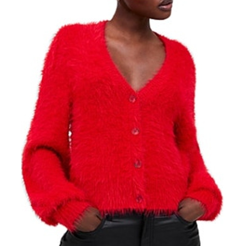 French Connection Women's Fluffy "Meena" Eyelash Knit Cardigan in Red