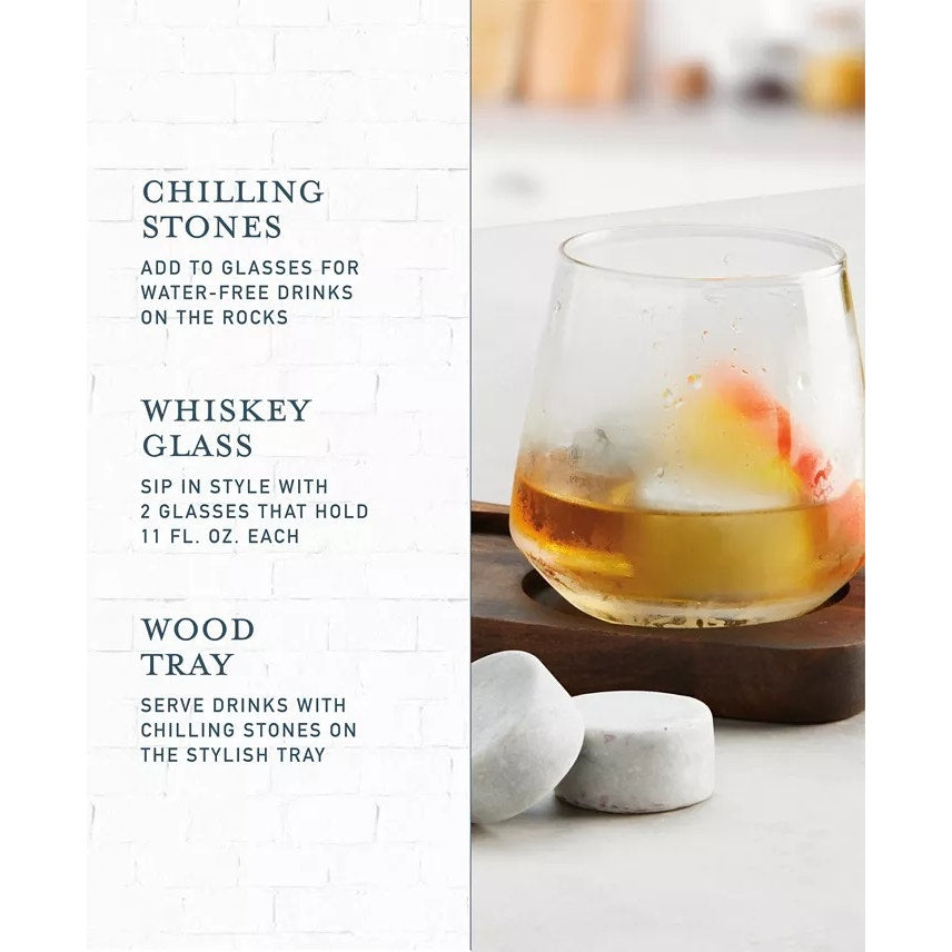 Studio Mercantile Whiskey Serving Tray Glass and Chilling Stone Set