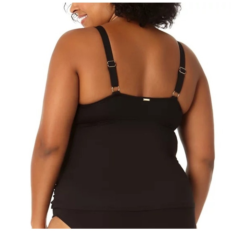 Anne Cole Plus Size Surplice-Neck Ruched Tankini Top In Black