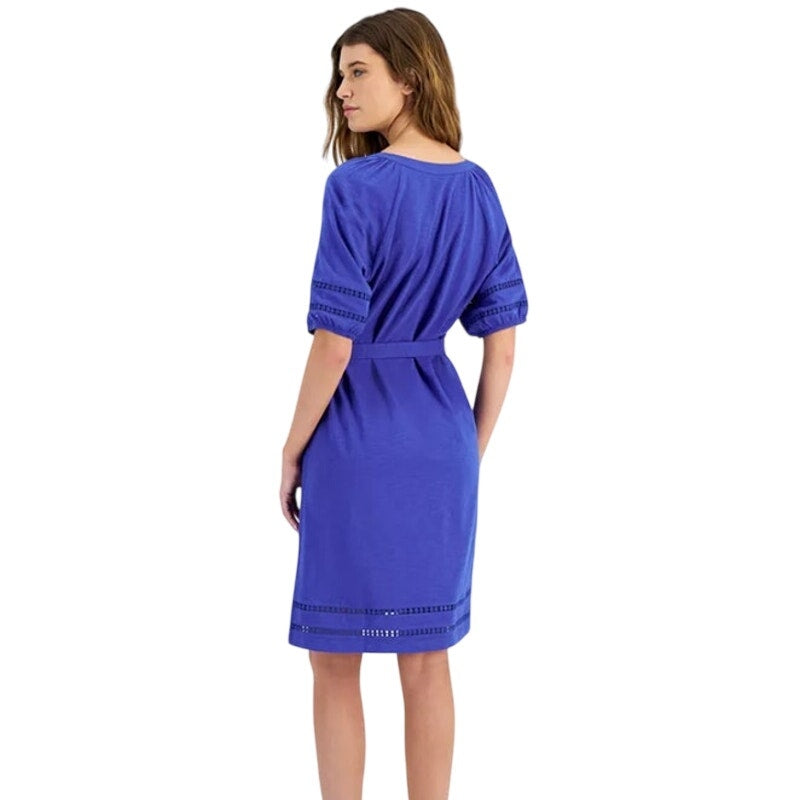 Tommy Hilfiger Women's Cotton Belted Puff-Sleeve Dress in Provence Blue