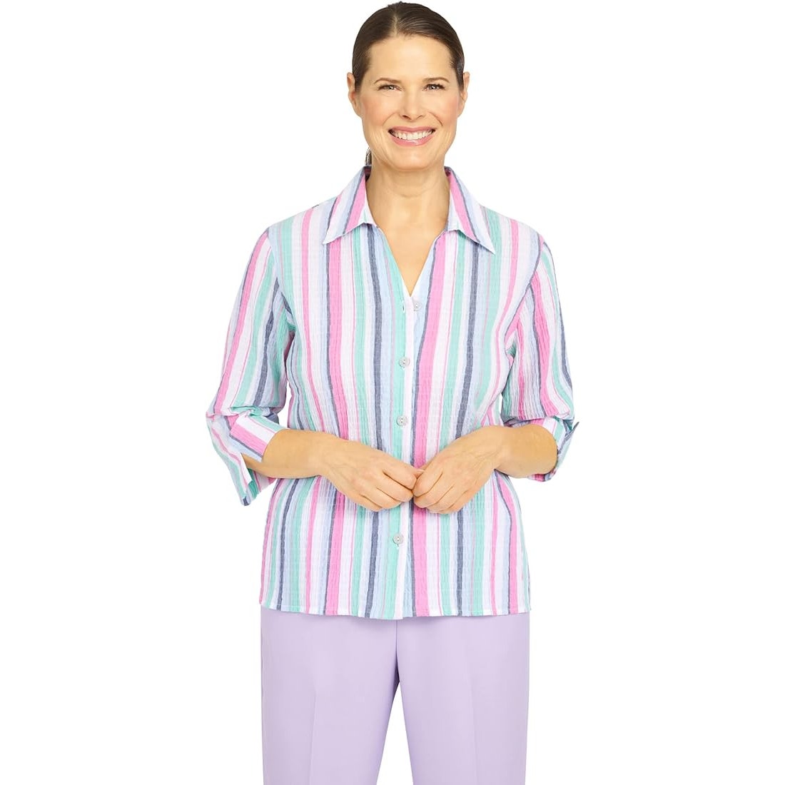 Alfred Dunner Women's Classics Collared Button-Up Top in Multi Stripes