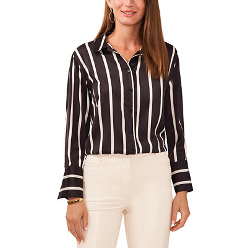 Vince Camuto Plus Size Striped Button-Down Top in Rich Black & White Stripes