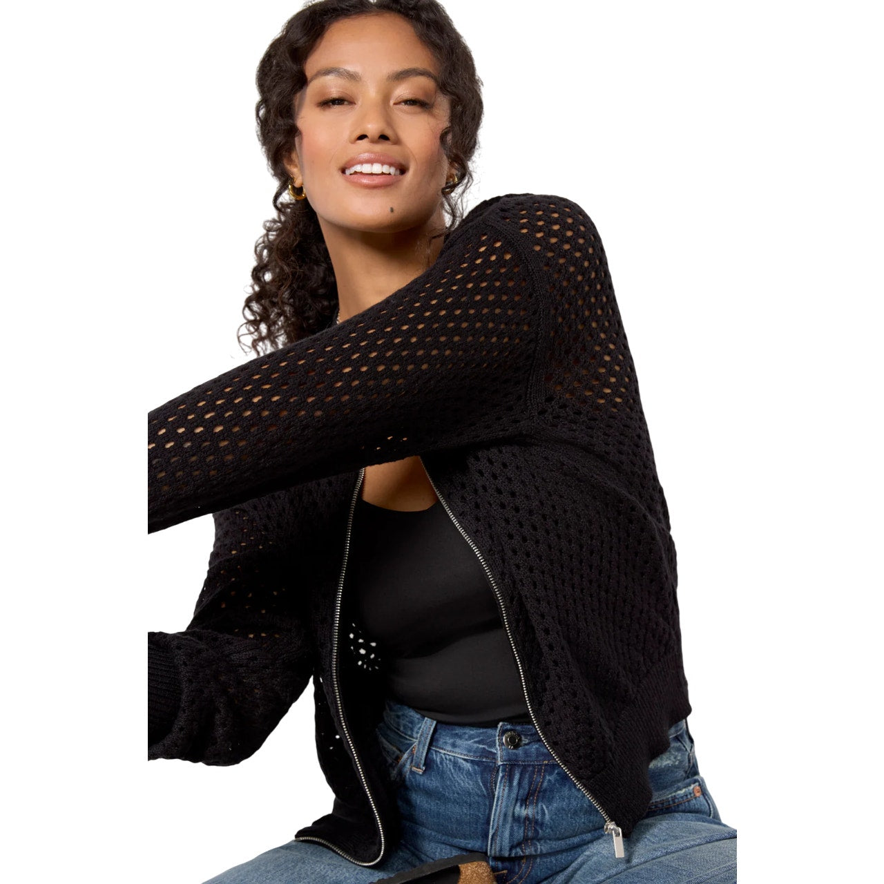 Sanctuary Women's "Stepping Out" Open Stitch Bomber Jacket Cardigan in Black, XS