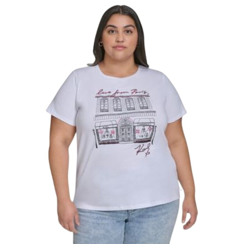 KARL LAGERFELD PARIS Women's Plus Size "Love from Paris" City Top in White