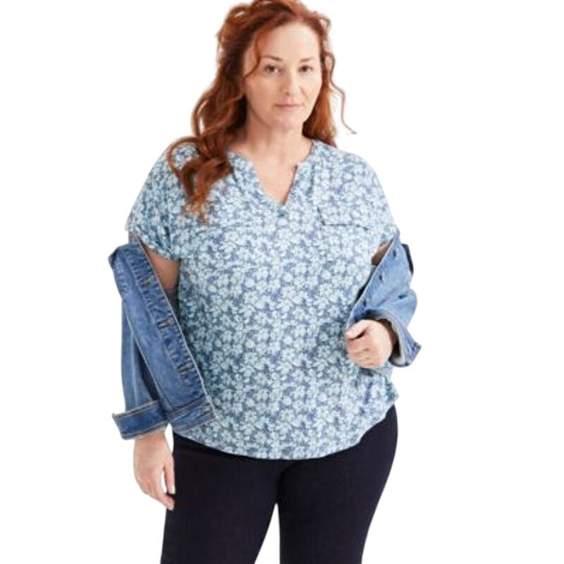 Style & Co. Plus Size Printed Y-Neck Dolman-Sleeve Top in Sky Blue