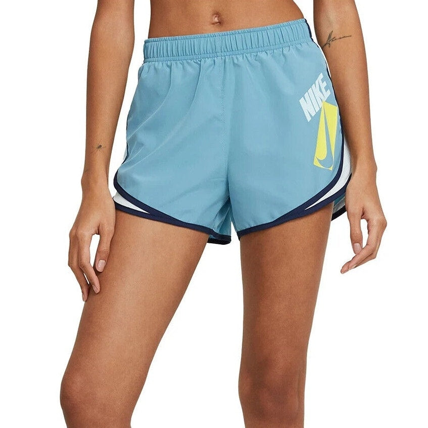 NIKE Dry Fit Blue Running Shorts, Standard Fit, Yellow Swoosh Decal