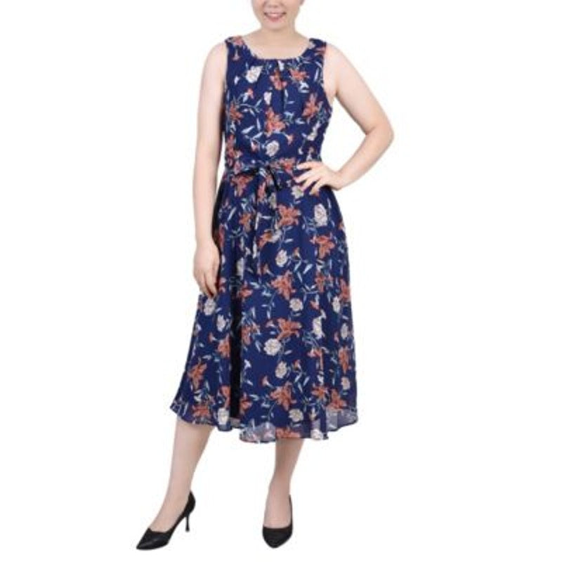 NY Collection Petite Sleeveless Chiffon Midi Dress in Navy Blue Floral Print