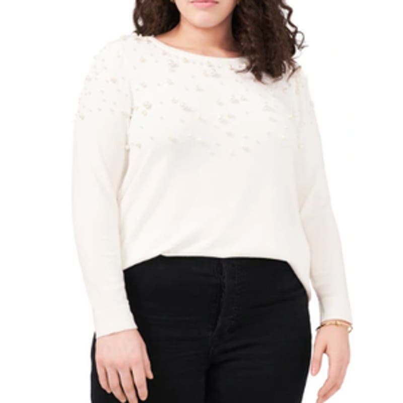 Vince Camuto Women's Holiday Hues Antique White Beaded Sweater
