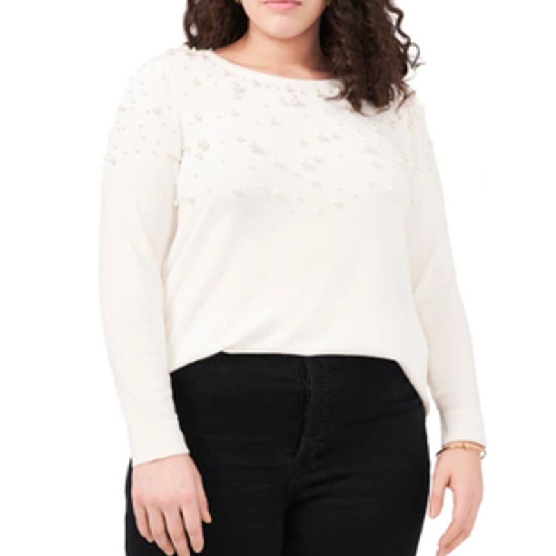 Vince Camuto Women's Holiday Hues Antique White Beaded Sweater, Size XS