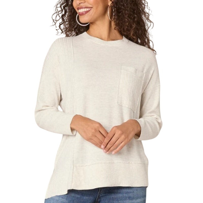 Democracy Petite Scoop-Neck Asymmetrical Hem Sweater in Heather Cream