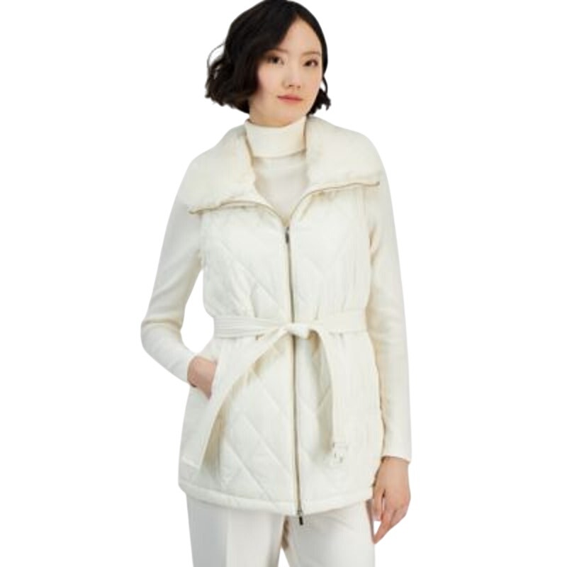 Anne Klein Women's Faux-Fur-Collar Quilted Puffer Vest in White