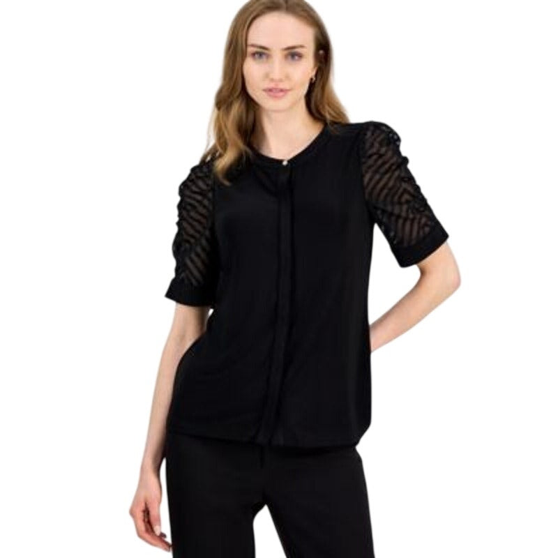 Anne Klein Women's Mixed-Media Puffed-Sleeve Top in Black