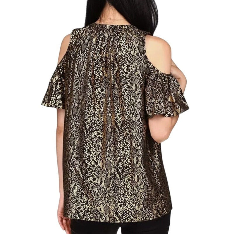 Michael Kors Black Cold Shoulder Halter Top Blouse w/ Gold Snakeskin Print