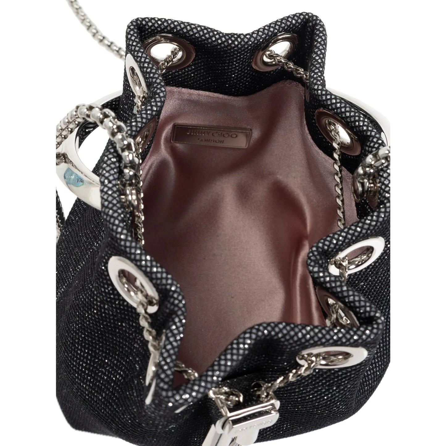 Height: 12cm Width: 11.5cm Depth: 7cm Metal chain strap Single top handle Drawstring closure with tassel details Composition: 25% Nylon, 50% Brass, 25% Crystal