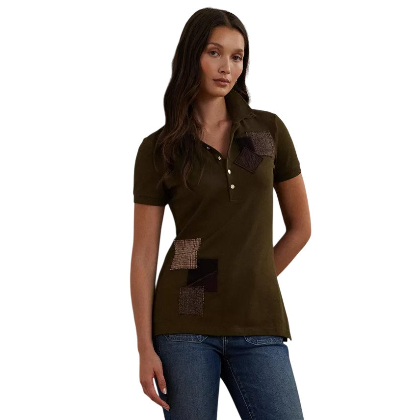 Lauren Ralph Lauren Women's Patchwork Pique Polo Top in Botanic Green, Size PS