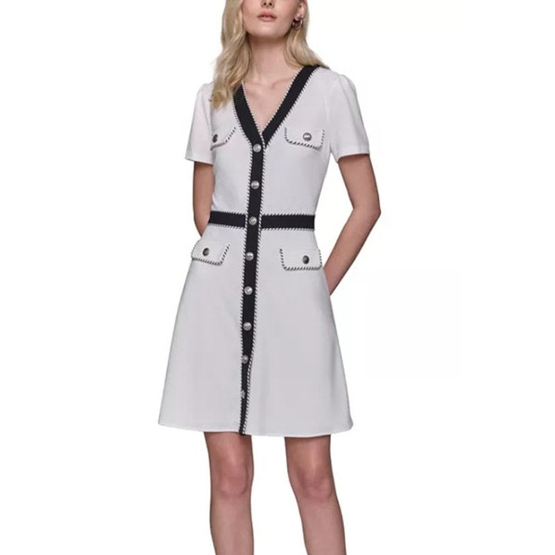 KARL LAGERFELD PARIS Women's Two-Tone Button-Front Dress in Soft White & Black
