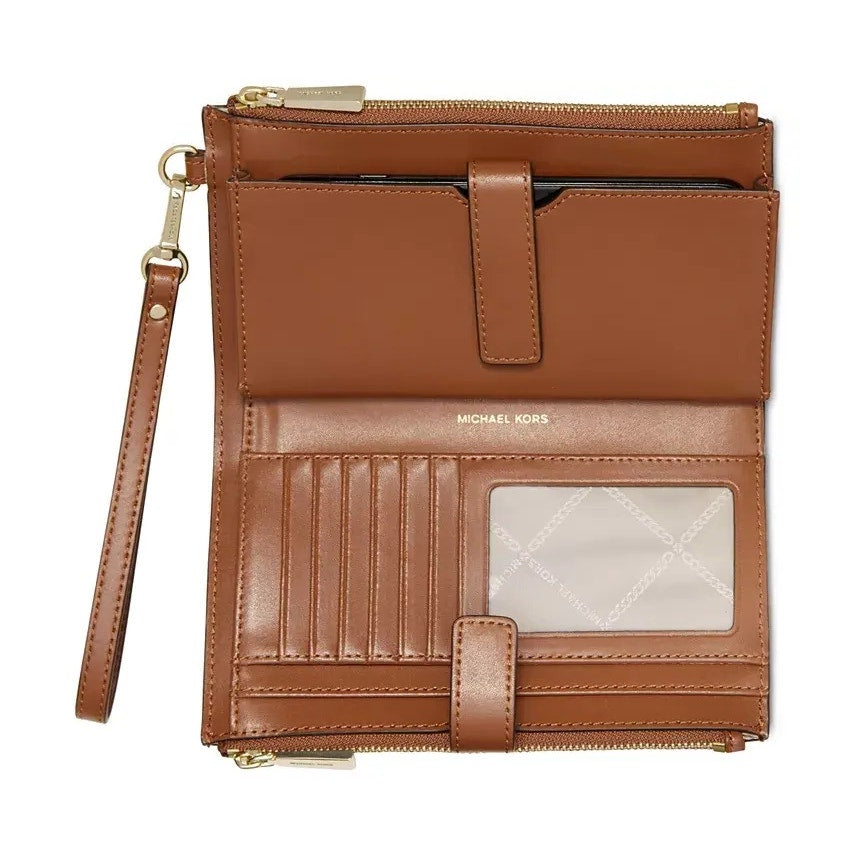 Michael Kors Jet Set Double Zip Leather Wristlet Clutch In Luggage Leather