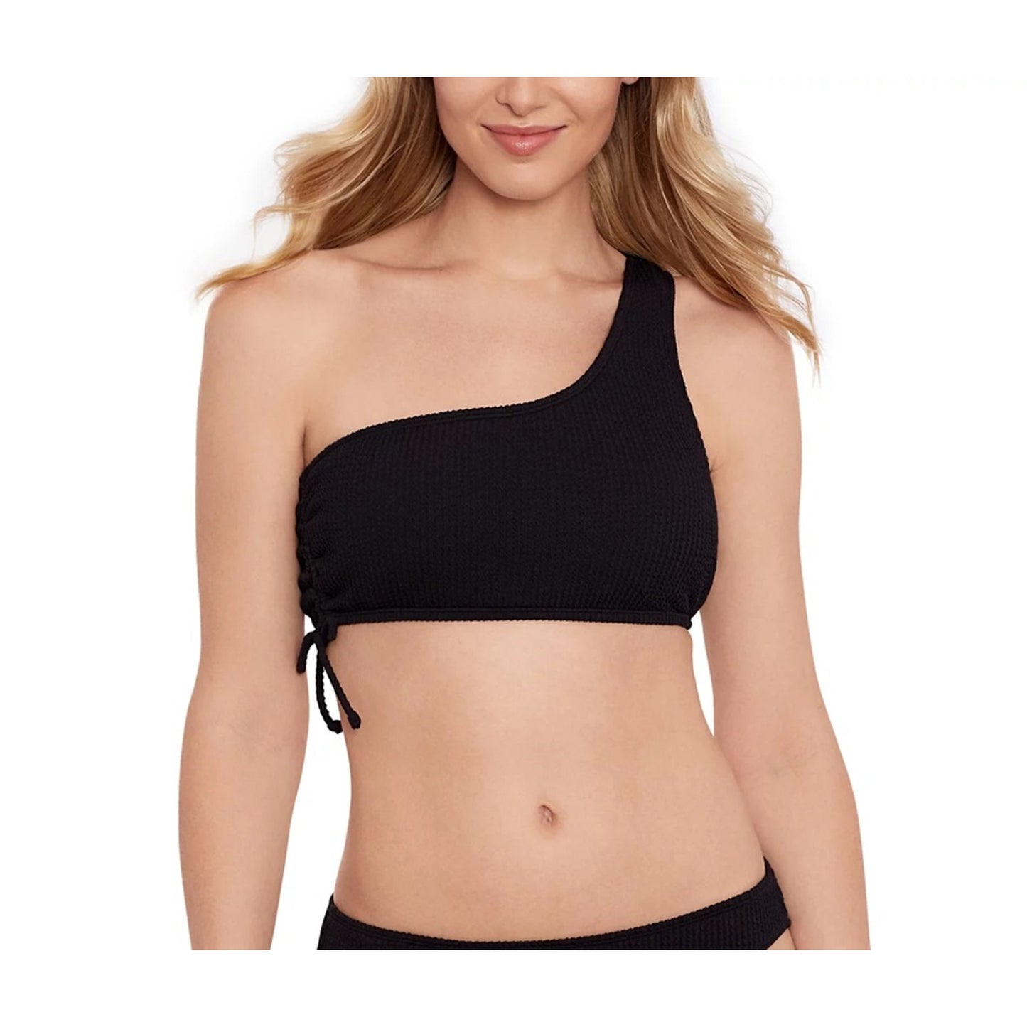Salt + Cove Women's One-Shoulder Side-Cinch Hipster Bikini Top In Black