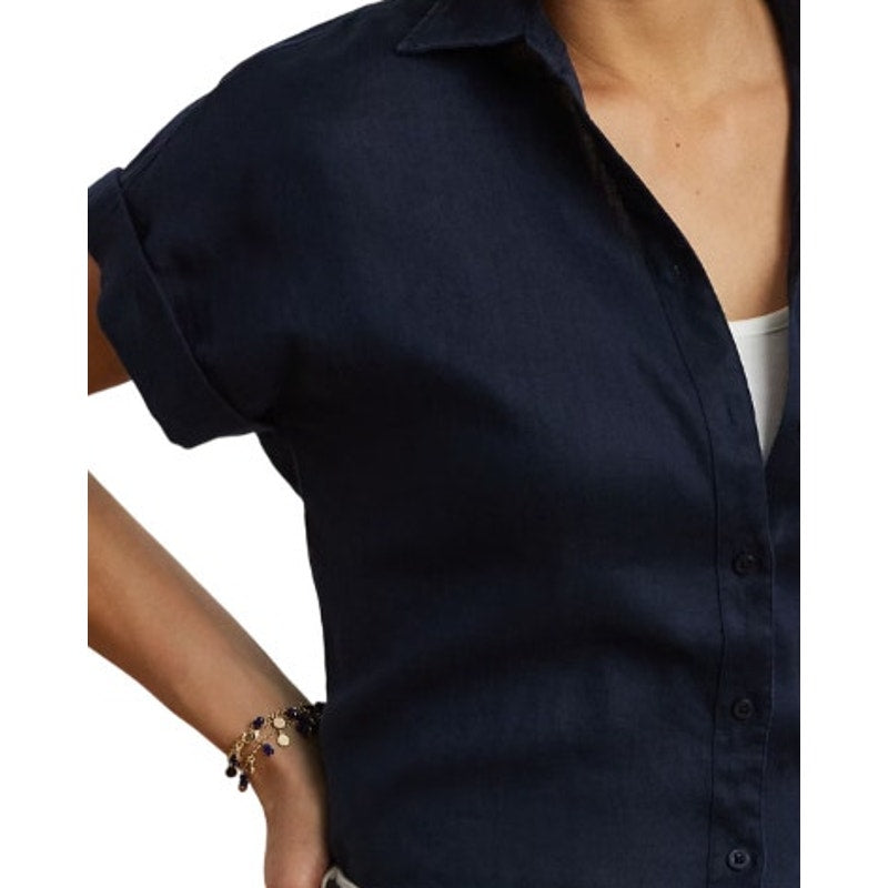 Lauren Ralph Lauren Women's Petite Dolman Sleeve Linen Top in Navy Blue, Size PS