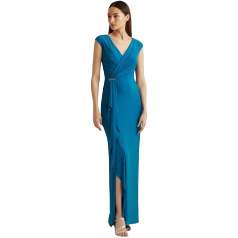 Lauren Ralph Lauren Women's Bondi Blue Ruffle Trim Jersey Gown, Size 10