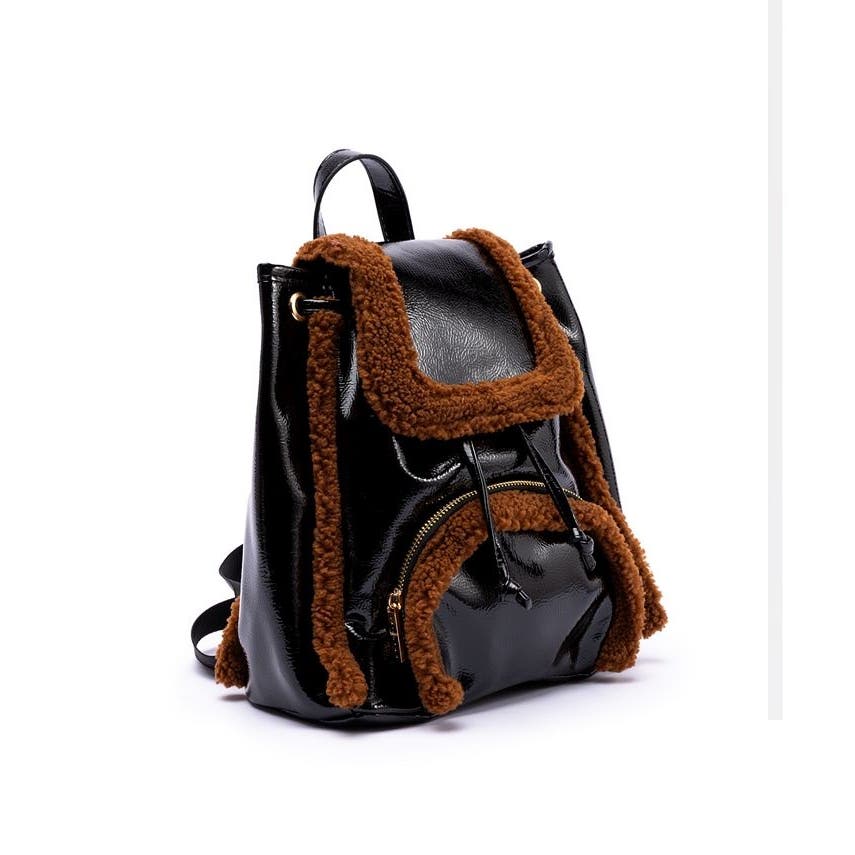 SKINNY DIP LONDON Women's Black & Brown "Scarlett" Small Fluff Trim Backpack