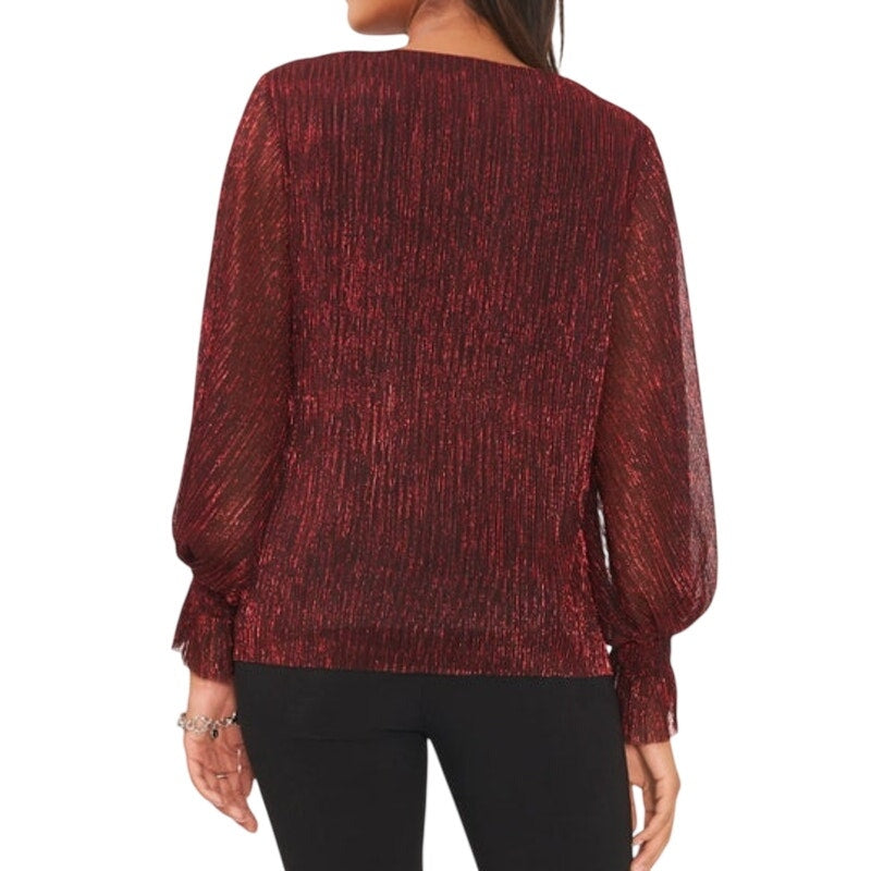Vince Camuto Women's Long-Sleeve Elastic-Cuff V-Neck Top in Metallic Red
