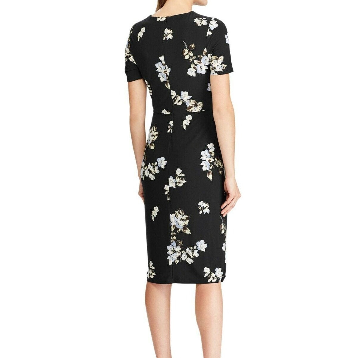 Ralph Lauren Black Faux Wrap Natasia Dress w/ Pastel-Colored Floral Pattern, 6P