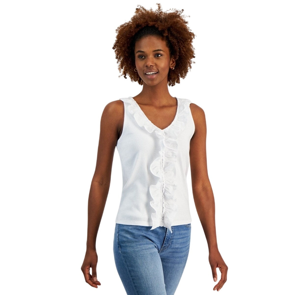 Nautica Jeans Women's Cotton Mixed-Media Ruffle Front Top in Bright White