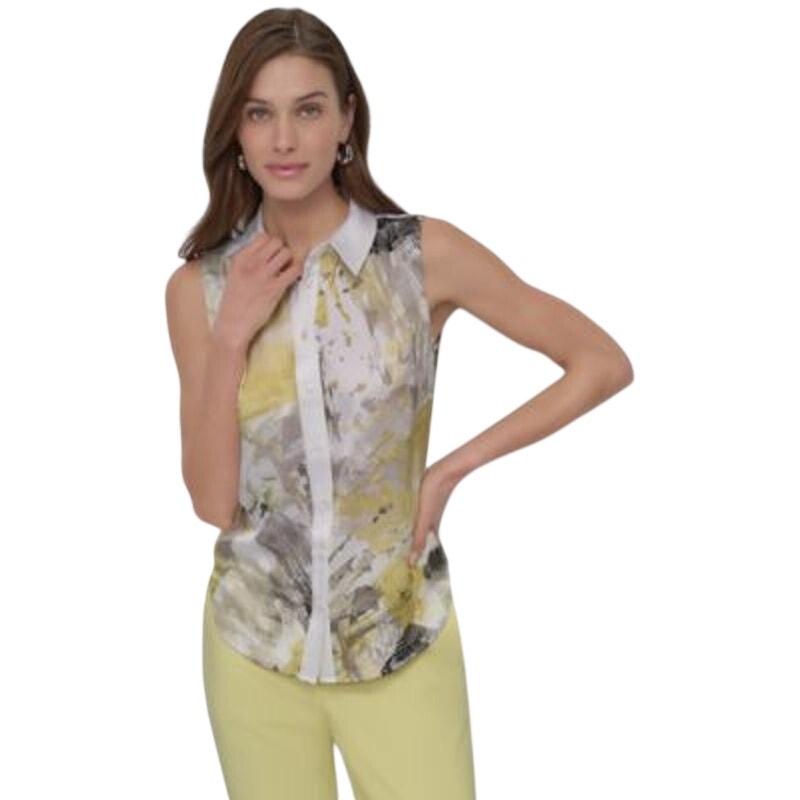 DKNY Women's Printed Sleeveless Collared Top in Pebble Light Lemon Multi