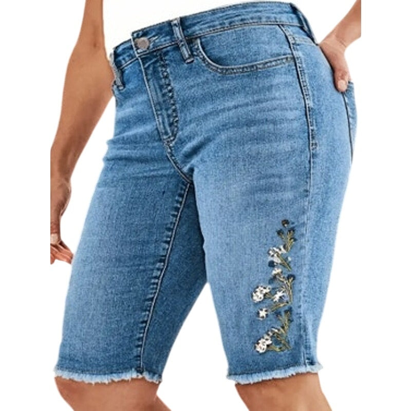 Style & Co. Petite Raw-Edge Denim Bermuda Shorts w/ Embroidered Overland Print