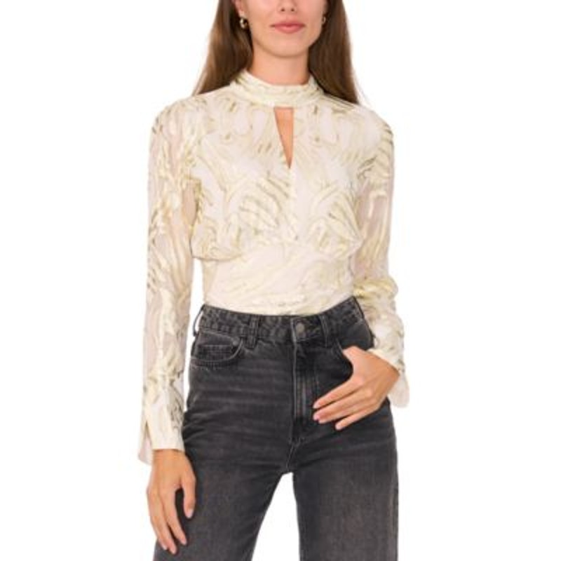 Parker Women's "The Piper" Metallic Mock Neck Long Sleeve Top in Gold Ivory