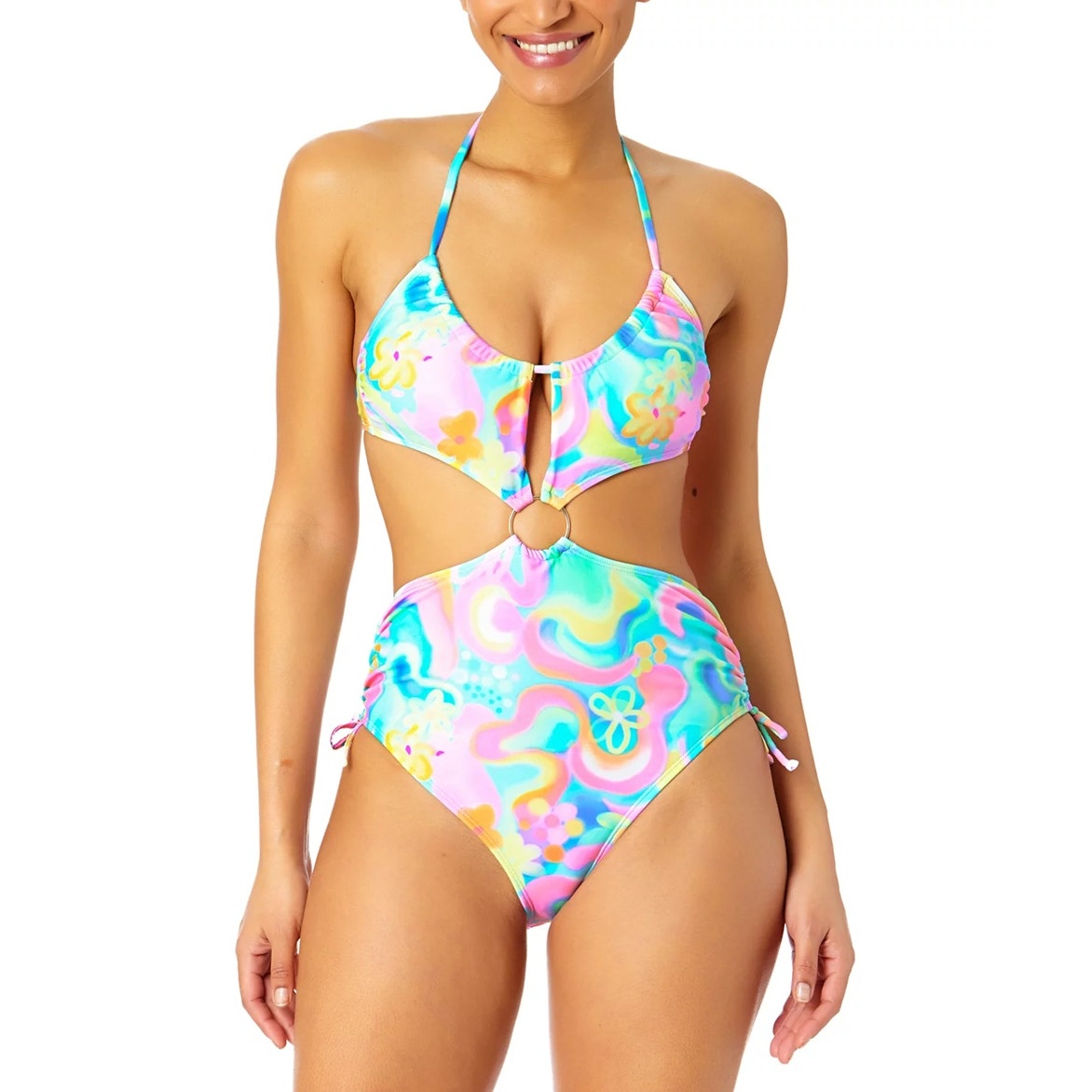 Salt Cove Juniors Ring-Waist Printed Monokini Multi Print