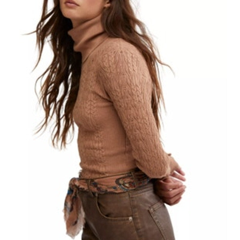 Free People Women's "Maddie" Cable-Knit Turtleneck Sweater in Cafe Latte Brown