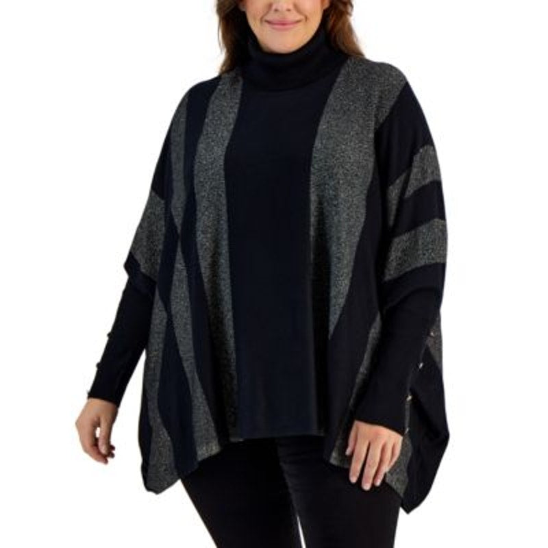 JM Collection Women's Plus Size Metallic-Striped Turtleneck Sweater Deep Black