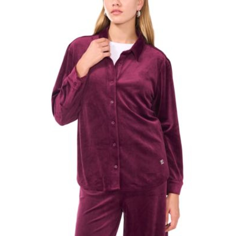 Vince Camuto Women's Velour Button-Front Long Sleeve Top in Plum Noir Purple